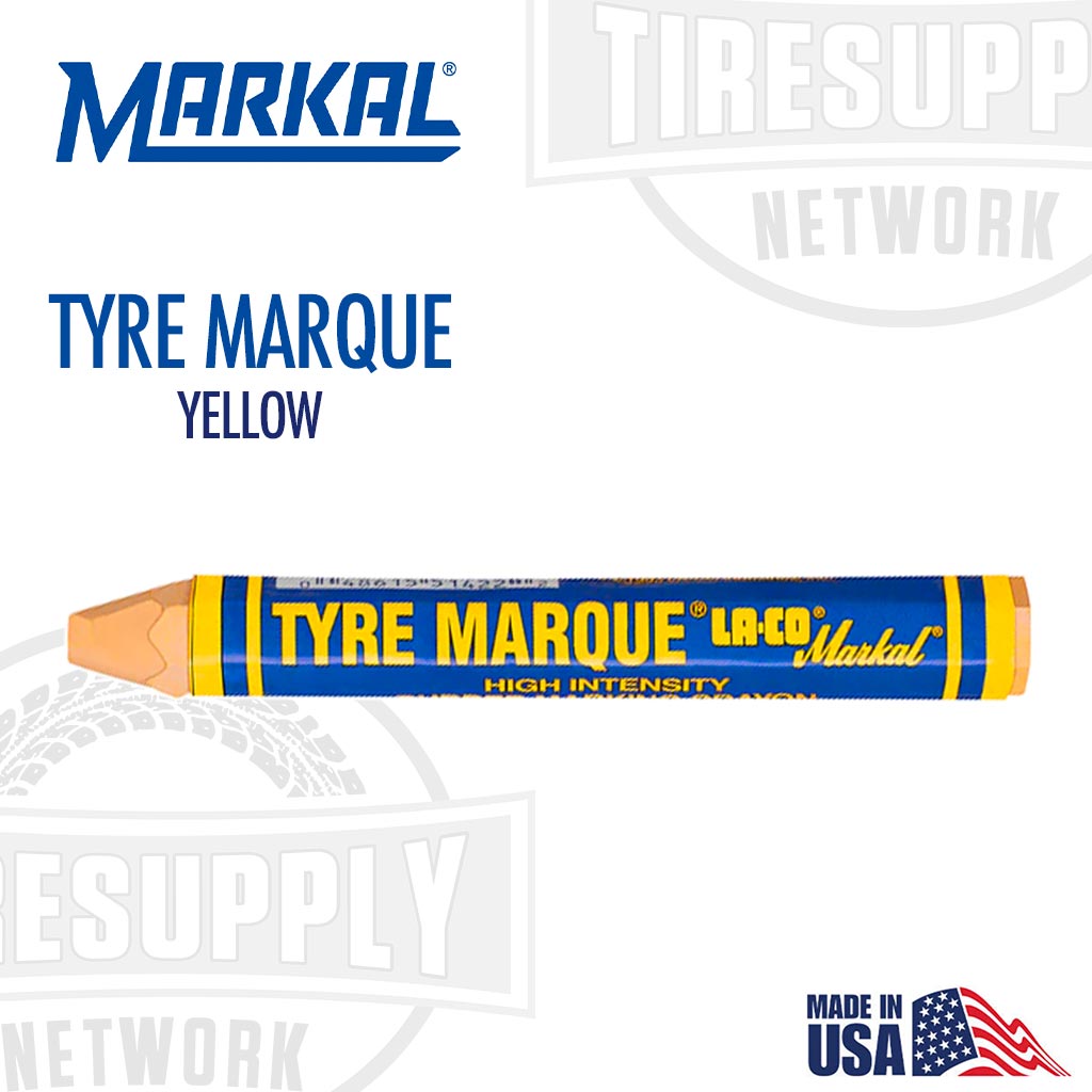 A box of 12 yellow Markal Tyre Marque crayons with the product branding and the American flag indicating it is made in the USA.
