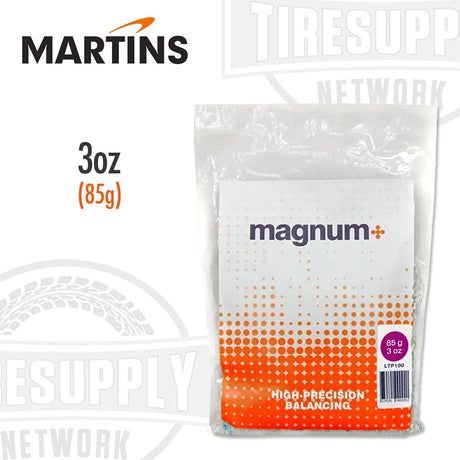 A bag of Martins Industries Magnum+ tire balancing beads in white color with orange and black branding elements. LTP100