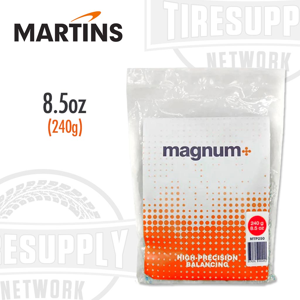 A pack of Magnum+ tire balancing beads by Martins, showing the weight of 8.5 oz on the front. MTP250