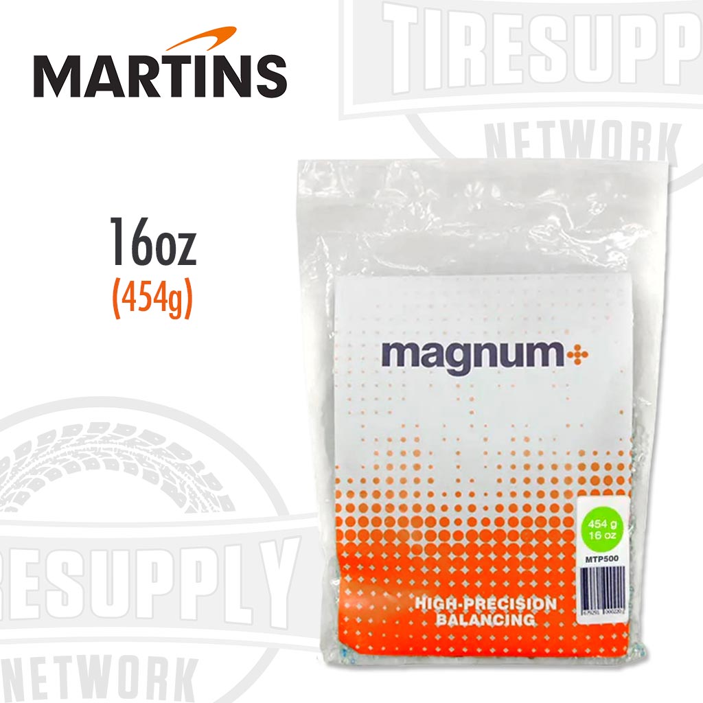 A bag of Martins Industries Magnum+ tire balancing beads. The bag is white with orange and black branding, and it indicates the weight of 16 oz (454g). MTP500