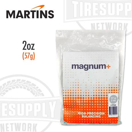 A bag of Martins Industries Magnum+ tire balancing beads labeled 2oz, with orange and white color scheme. LTP60