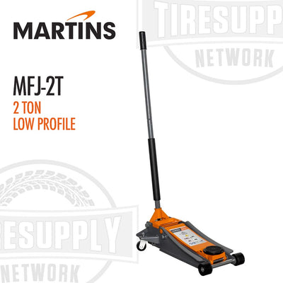 Martins Industries 2-Ton Low Profile Floor Jack (MFJ-2T) in gray and orange, with a black handle, on a white background.
