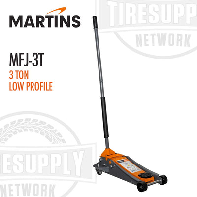 Martins Industries 3-Ton Low Profile Floor Jack (MFJ-3T) with gray and orange color scheme, featuring a long handle, saddle, and protective sleeve on the lifting arm.