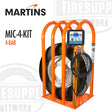 An orange Martins 4-Bar Tire Inflation Cage Complete Kit (MIC-4-KIT) with an automatic tire inflator and roller kit, designed for inflating truck or bus tires.