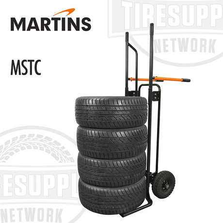 A black and orange Martins Tire Rider Standard Tire Cart (MSTC) with solid rubber wheels and flat-free tires, designed for handling tire/wheel assemblies.