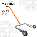A Martins Industries Truck Wheel Dolly with solid casters, in gray and orange colors, designed for changing heavy truck tires. MSTWD. 36"-48".
