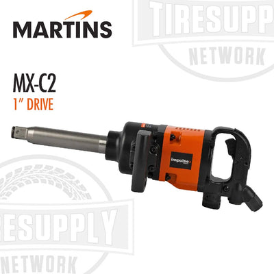 A pneumatic impact wrench with a black and orange color scheme, labeled 'MX-C2' from Martins Industries, with a 1/2" drive pin hammer design.