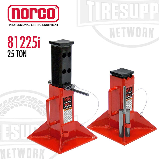 A pair of red Norco 25 ton jack stands with adjustable height and pin type support column, marked with the model number 81225i.