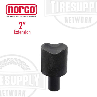 A black 2-inch extension for a hydraulic floor jack, with the Norco logo and the text 'PROFESSIONAL LIFTING EQUIPMENT NETWORK' displayed.