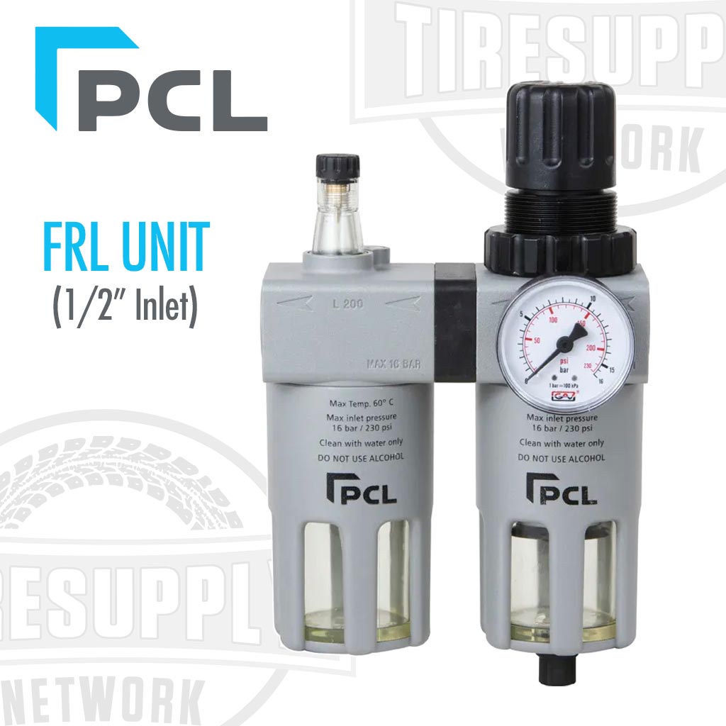 PCL FRL Unit which stands for Filter-Regulator-Lubricator with a 1/2 inch NPT inlet. It includes a wall bracket and a pressure gauge, shown in black, gray and white colors. ATCFRL12
