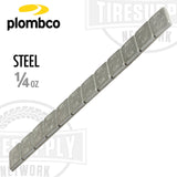 A strip of Plombco steel stick-on adhesive tape for wheel balancing, labeled with 'STEEL 1/4 oz' on each segment.