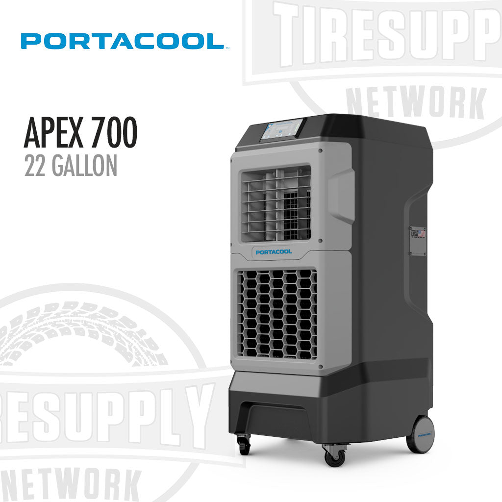 Portacool Apex 700 air cooler on a white background with logos. Portacool | Apex 700 Compact Cooling Powerhouse - 22 Gallons (PACA07001A1)