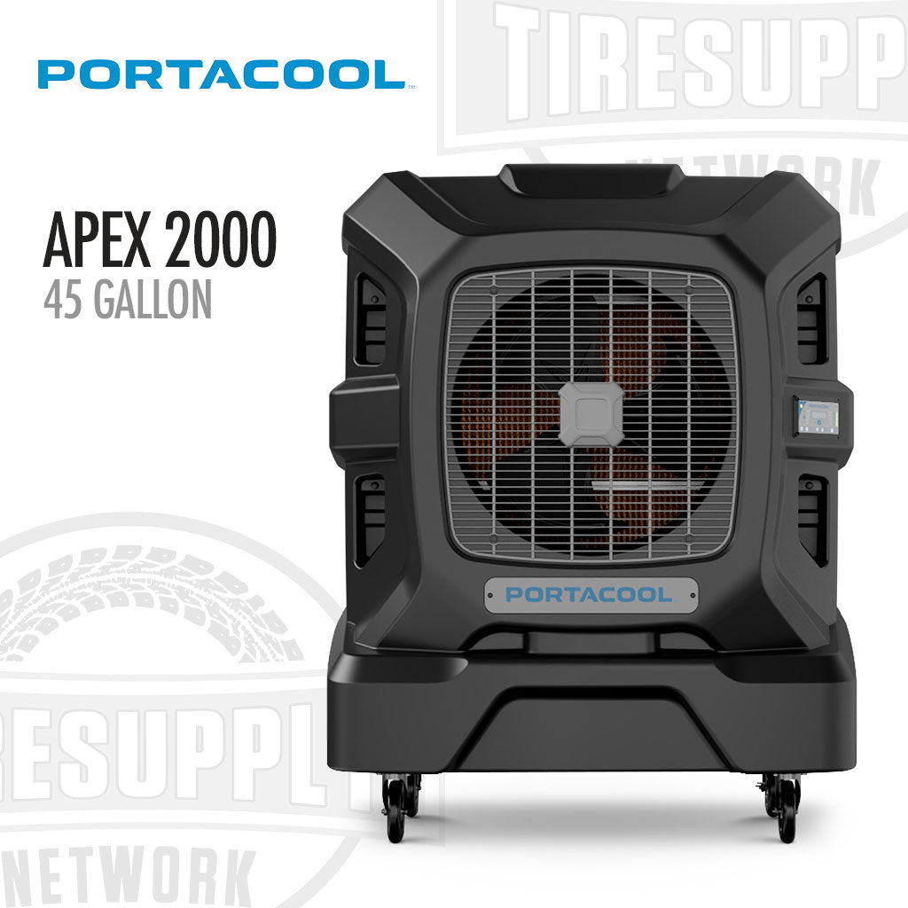 Portacool Apex 2000 45 Gallon portable cooler on a white background with visible branding. Portacool | Apex 2000 Best of All Worlds - 45 Gallons (PACA20001A1)