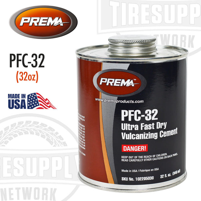 A 32 oz can of Prema Ultra Fast Dry Vulcanizing Tire Repair Cement, with red, white, and black color scheme and branding.