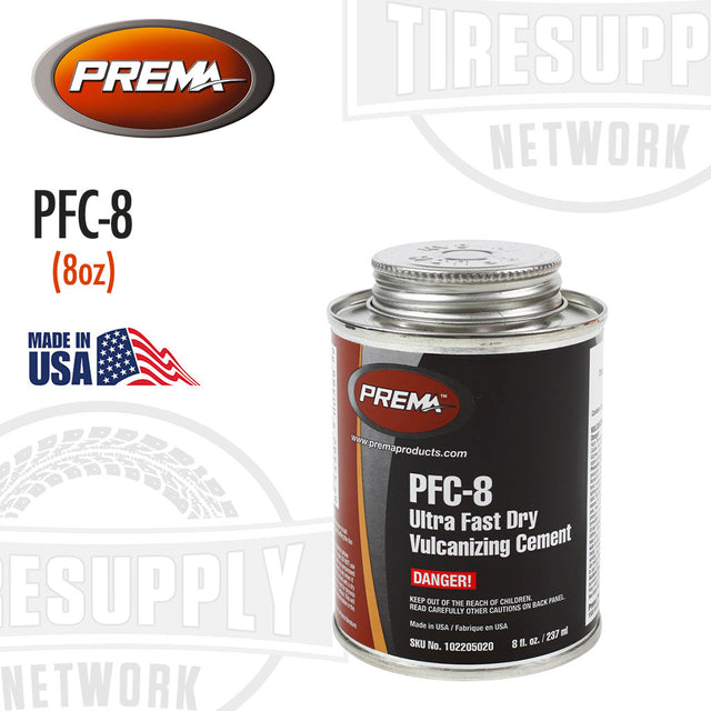 8 oz can of Prema Ultra Fast Dry Vulcanizing Tire Repair Cement with a cement brush, made in the USA. PFC-8