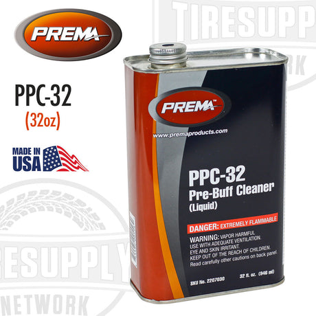 32 oz can of Prema Pre-Buff Rubber Cleaner Liquid with the label PPC-32 prominently displayed. The can is red and white with text and branding, indicating it is a product for tire repair and is made in the USA.