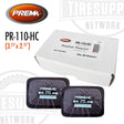 A box of Prema PR-110-HC heat cure radial tire repair patch units with individual patches visible. The patches are black with the Prema branding and product information printed on them.