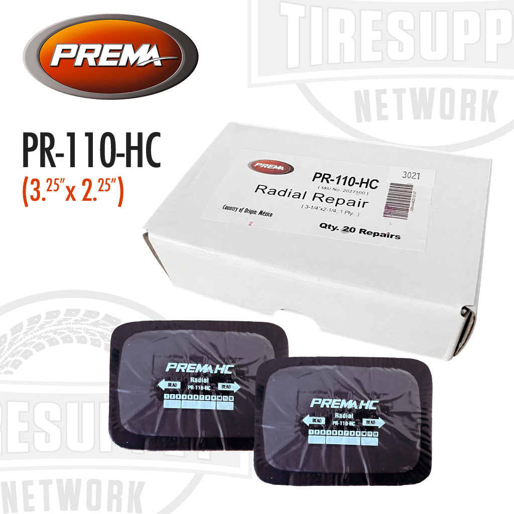 A box of Prema PR-110-HC heat cure radial tire repair patch units with individual patches visible. The patches are black with the Prema branding and product information printed on them.
