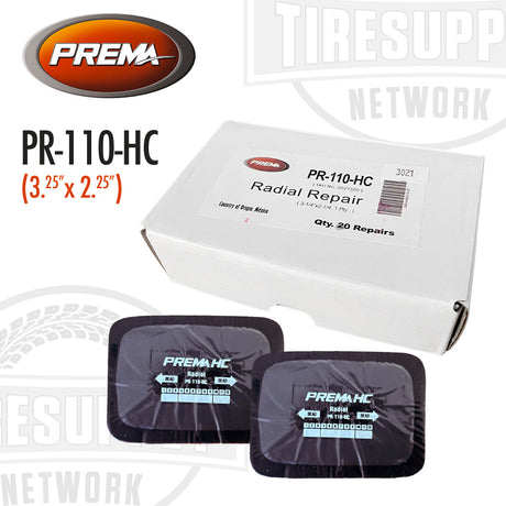 A box of Prema PR-110-HC heat cure radial tire repair patch units with individual patches visible. The patches are black with the Prema branding and product information printed on them.