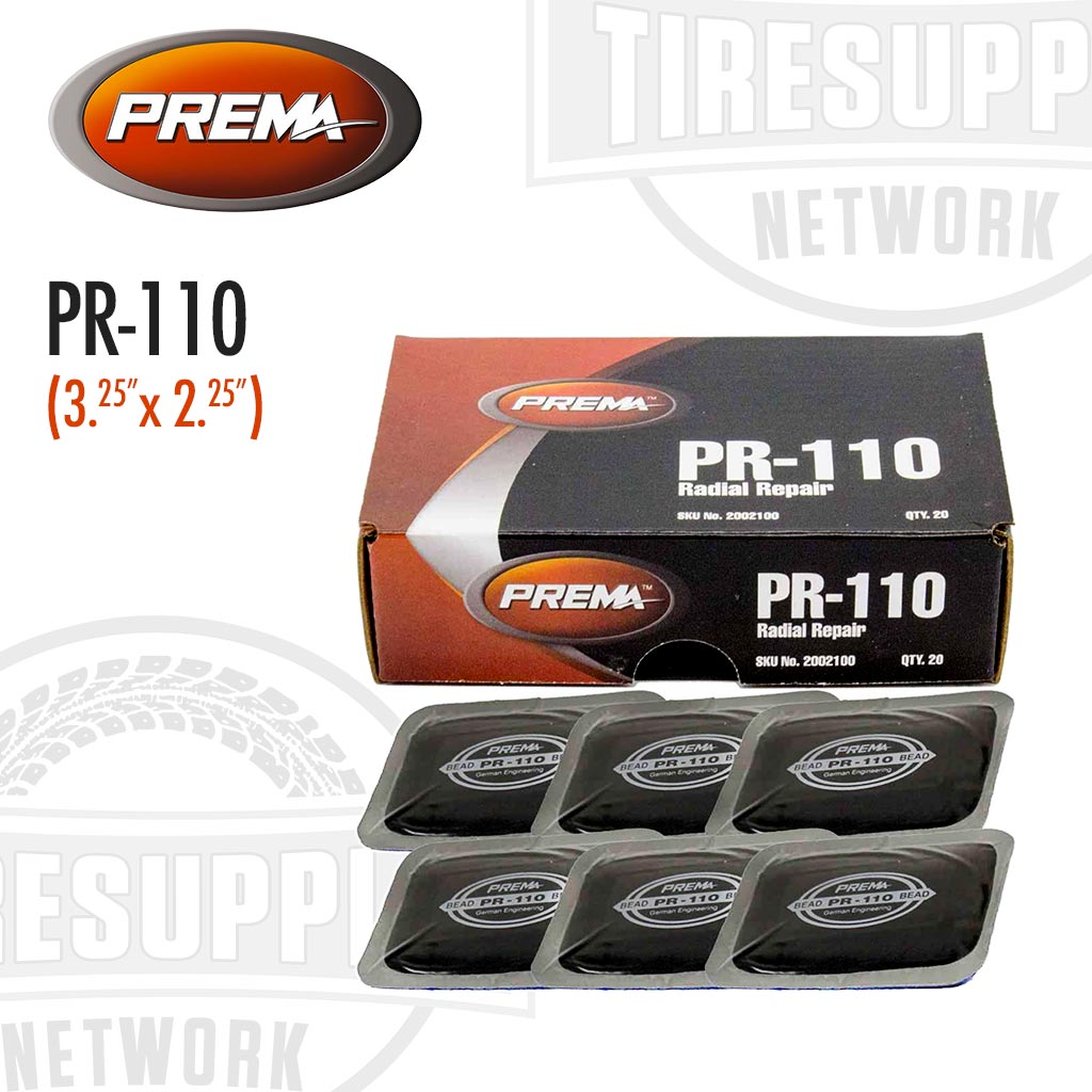 A box of Prema brand tire repair patches, labeled as PR-110 with dimensions 3.25" x 2.