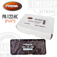 A box of Prema PR-122-HC Heat Cure Radial Tire Repair Patch Units, with a single patch partially visible outside the box.