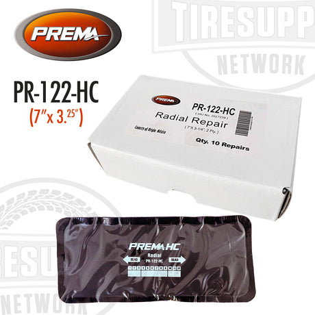 A box of Prema PR-122-HC Heat Cure Radial Tire Repair Patch Units, with a single patch partially visible outside the box.