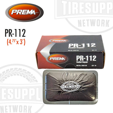 Prema branded tire patch repair unit packaging, featuring a box with the Prema logo and product information, alongside an individual patch in plastic packaging. PR-112