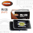 Product packaging box for Prema Passenger & Truck Radial Tire Repair Patch (PR-120) alongside an image of the black rectangular tire repair patch.