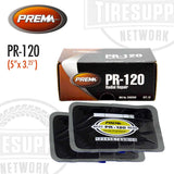 Product packaging box for Prema Passenger & Truck Radial Tire Repair Patch (PR-120) alongside an image of the black rectangular tire repair patch.