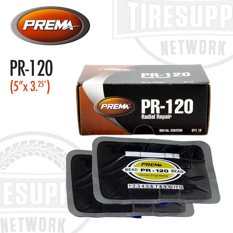 Product packaging box for Prema Passenger & Truck Radial Tire Repair Patch (PR-120) alongside an image of the black rectangular tire repair patch.