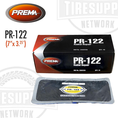 Product packaging for Prema Passenger & Truck Radial Tire Repair Patch (PR-122), featuring the box and the patch itself with the Prema logo.