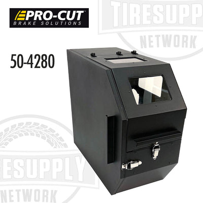 A black dust enclosure containment system for a Pro-Cut B17 Mobile Combination Lathe with visible side and top doors, a vacuum port, and a large chip tray.