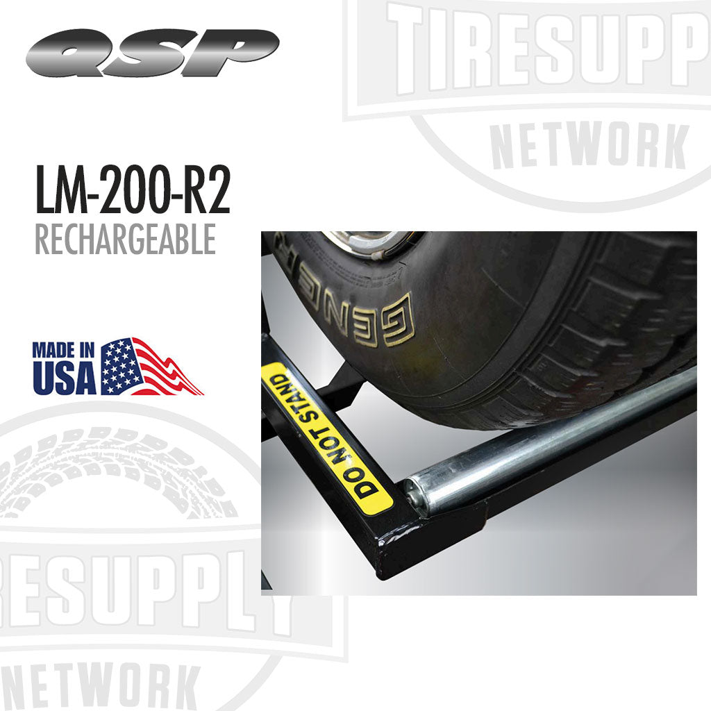 Tire support stand with &#39;QSP&#39; branding and &#39;Made in USA&#39; label on a white background. QSP | LiftMate Wheel Lift Rechargeable Battery Operated - 200 lbs Capacity (LM-200-R2)