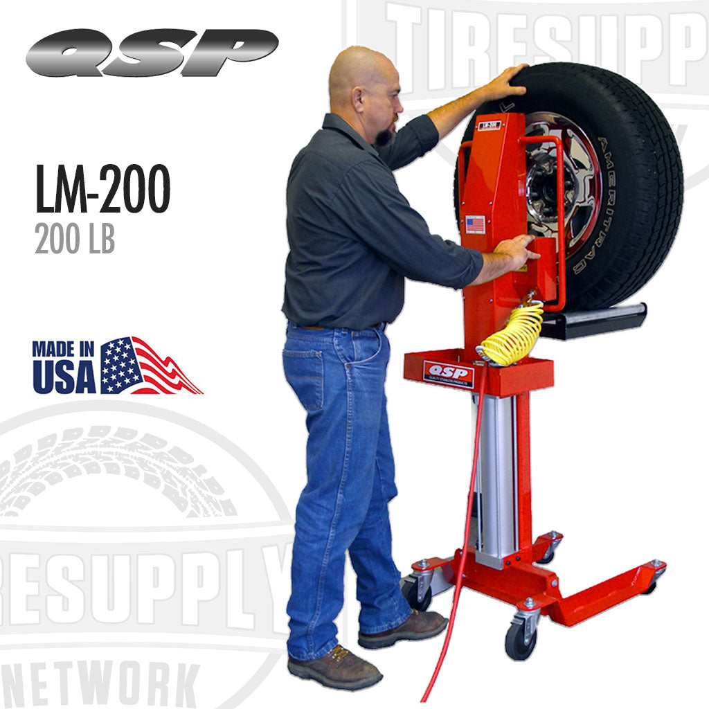 Red tire changer with a tire on it, branded with QSP and Tire Supply Network. QSP | Wheel Lift - Air Operated - 200lb Capacity (LM-200)