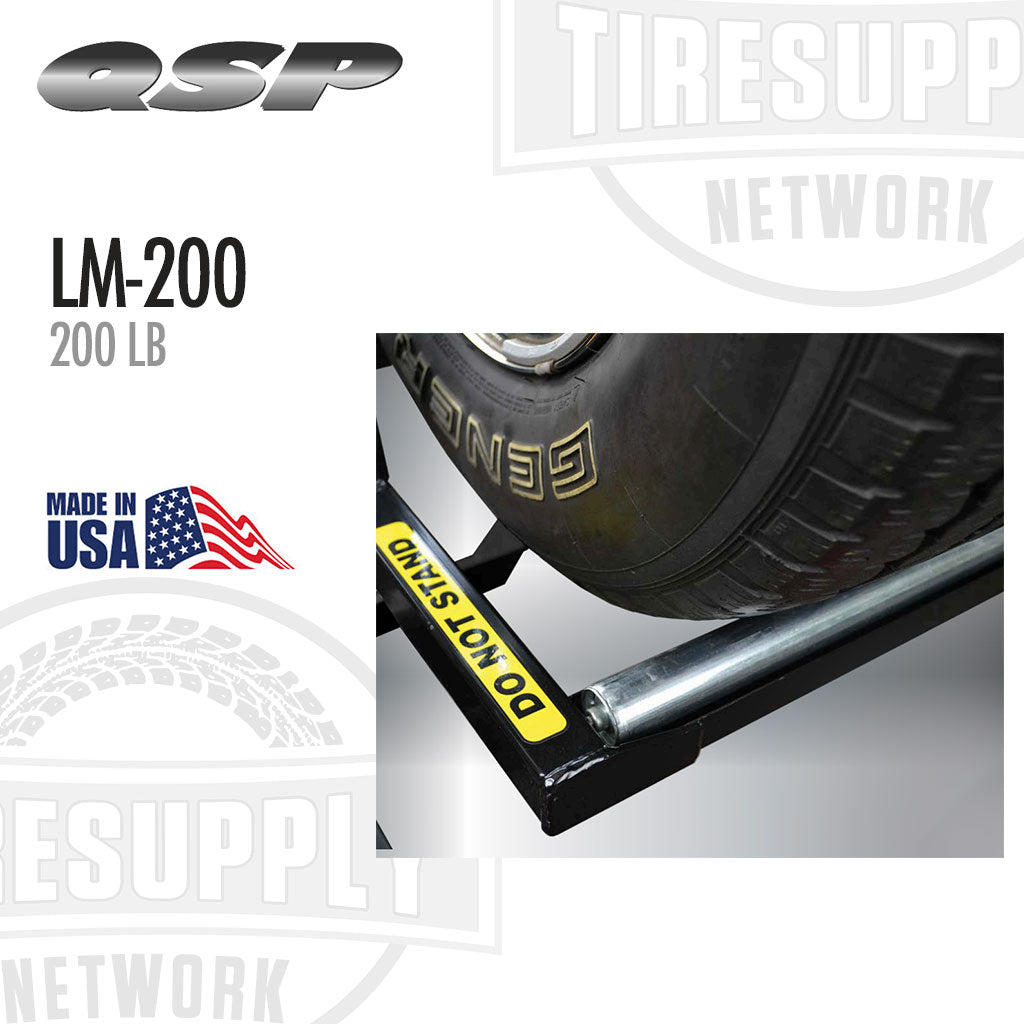 Tire support stand with &#39;QSP&#39; branding and tire on a white background. QSP | Wheel Lift - Air Operated - 200lb Capacity (LM-200)