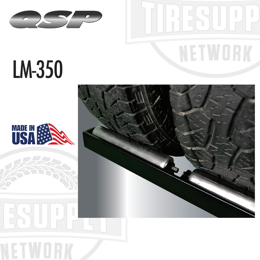 Red tire changer with a wheel on a white background, featuring QSP and TIRE SUPPLY NETWORK branding. QSP | Wheel Lift - Air Operated - 350 lb Capacity (LM-350)