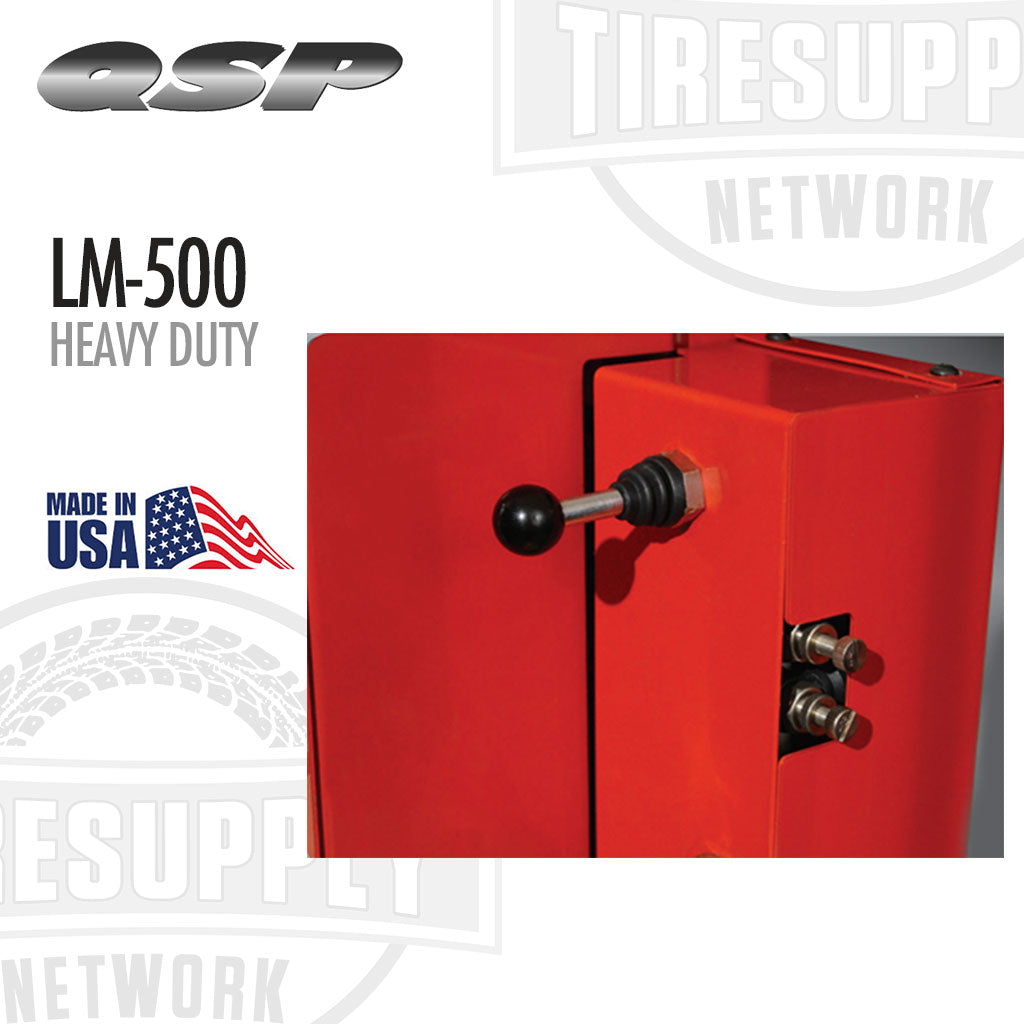 Red tire changer with a tire on it, branded as QSP, on a white background. QSP Heavy Duty Wheel Lift - Air Operated - 500 lb Capacity (LM-500)
