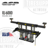 Rolling jack with QSP and TIRE SUPPLY NETWORK branding on a white background. QSP | Pneumatic Rolling Jack 6,000 lb Capacity (RJ-6000)