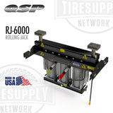 Rolling jack with QSP and TIRE SUPPLY NETWORK branding on a white background. QSP | Pneumatic Rolling Jack 6,000 lb Capacity (RJ-6000)