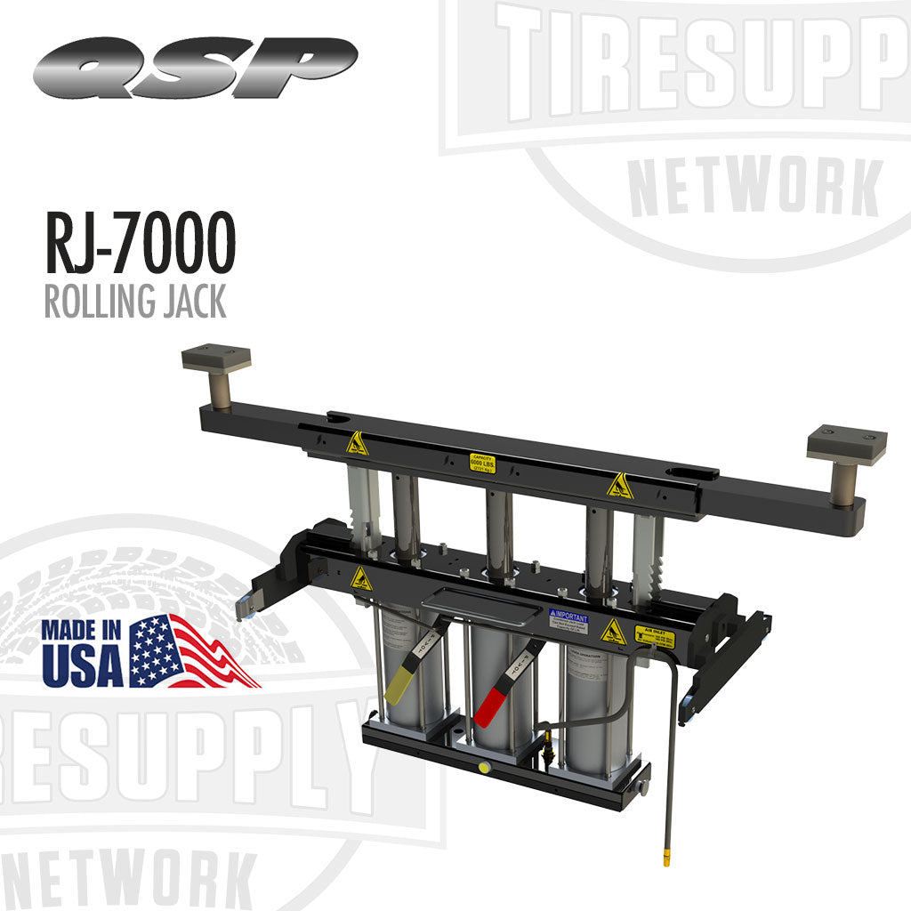 Rolling jack with QSP and TIRE SUPPLY branding on a white background. QSP | Pneumatic Rolling Jack 7,000 lb Capacity (RJ-7000)
