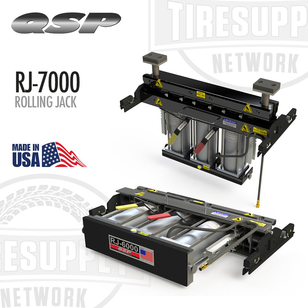 Rolling jack with QSP and TIRE SUPPLY branding on a white background. QSP | Pneumatic Rolling Jack 7,000 lb Capacity (RJ-7000)