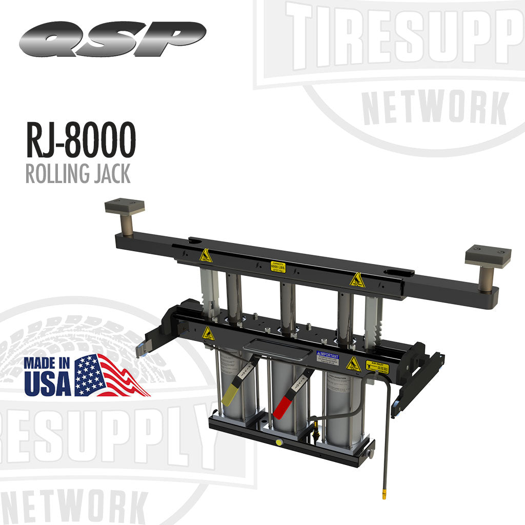 Rolling jack with QSP and TIRE SUPPLY branding on a white background. QSP | Pneumatic Rolling Jack 8,000 lb Capacity (RJ-8000)