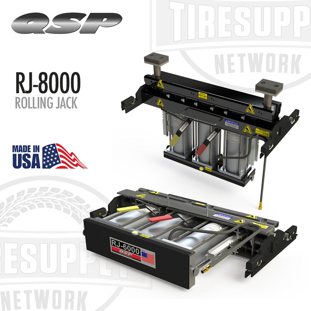 Rolling jack with QSP and TIRE SUPPLY branding on a white background. QSP | Pneumatic Rolling Jack 8,000 lb Capacity (RJ-8000)
