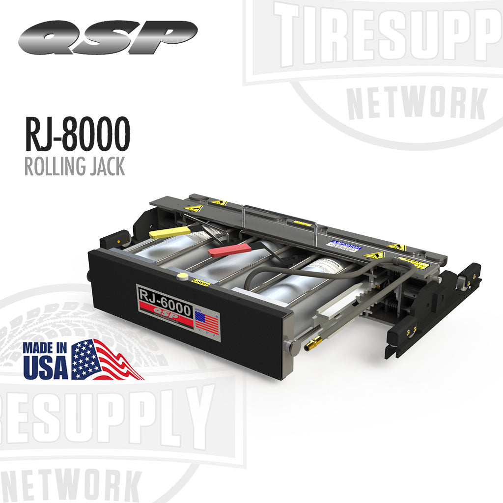 Rolling jack with QSP and TIRE SUPPLY NETWORK branding on a white background. QSP | Pneumatic Rolling Jack 8,000 lb Capacity (RJ-8000)