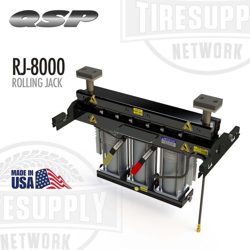Rolling jack with QSP and TIRE SUPPLY NETWORK branding on a white background. QSP | Pneumatic Rolling Jack 8,000 lb Capacity (RJ-8000)