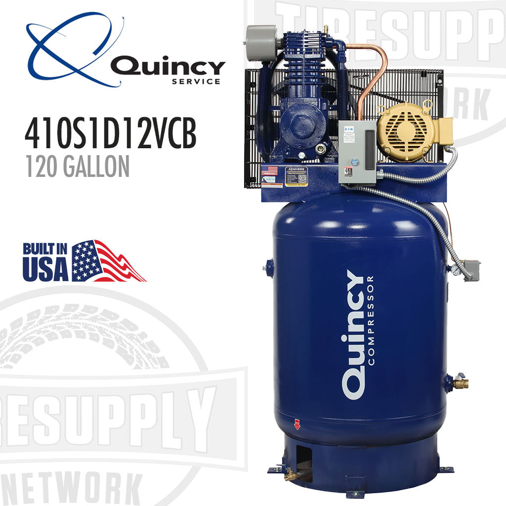 Blue Quincy compressor with branding and product details on a white background. 410S1D12VCP. 120 Gallon.