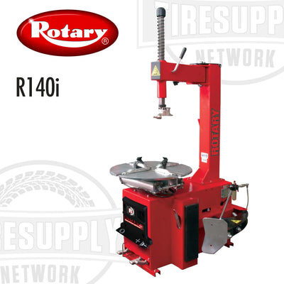A red Rotary brand swing arm tire changer machine, model R140i, designed for changing vehicle tires, with a bead breaker cylinder and optional helper arm.