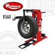 A red Rotary branded mobile heavy duty truck tire changer machine, model R560, with a tire mounted on it.