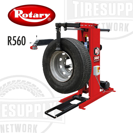 A red Rotary branded mobile heavy duty truck tire changer machine, model R560, with a tire mounted on it.