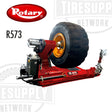 A Rotary brand heavy duty truck tire changer machine, model R573, with a large wheel attached to a red frame and various tools visible.